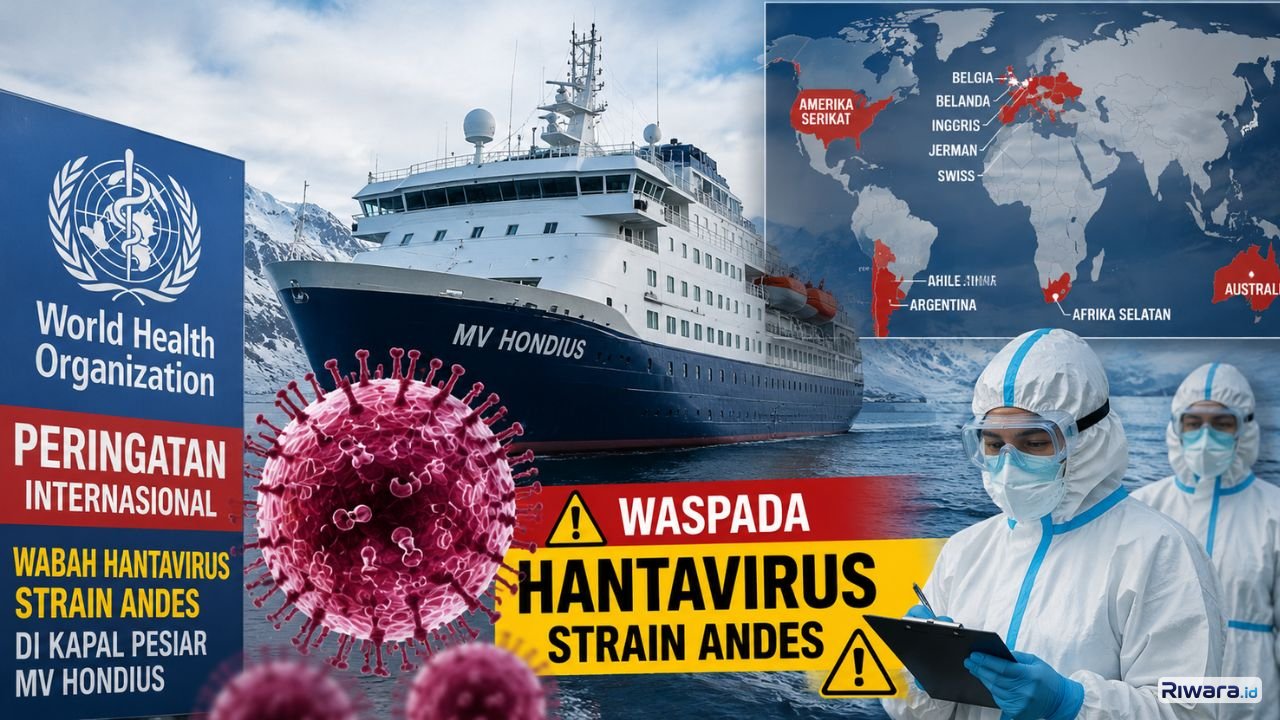 Ilustrasi kapal pesiar MV Hondius dan peringatan internasional WHO terkait wabah Hantavirus strain Andes WHO meminta 12 negara meningkatkan pelacakan dan pemantauan kesehatan terhadap penumpang kapal